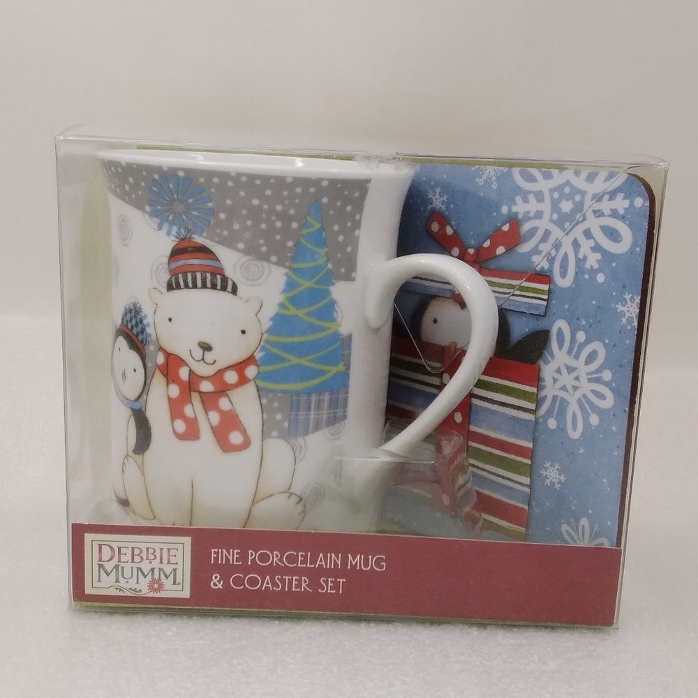 Debbie Mumm Fine Porcelain MUG and Coaster Set Polar Bear, Penguin NOS